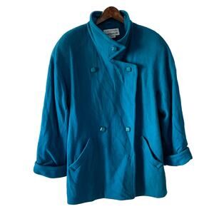Vintage 100% Wool Vibrant Teal Blue Double Breasted Pea Coat Plus Size 16